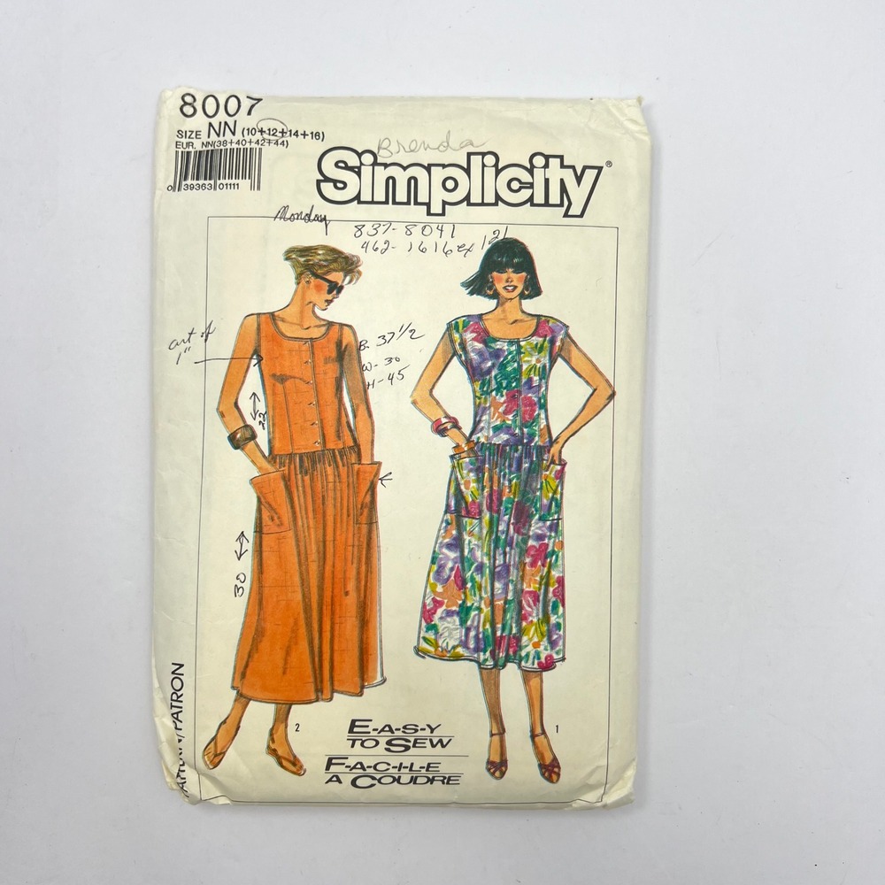 Simplicity 8007 Dress Sewing Pattern Cut to 34" Bust Easy Sew 80s Vtg Drop Waist
